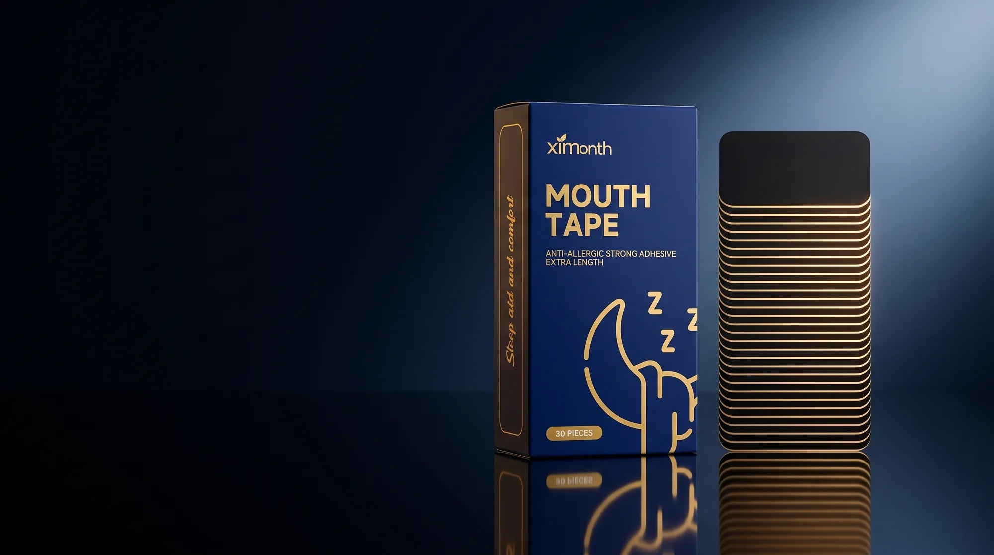 XIM mouth tape box and gold-edged strips at night