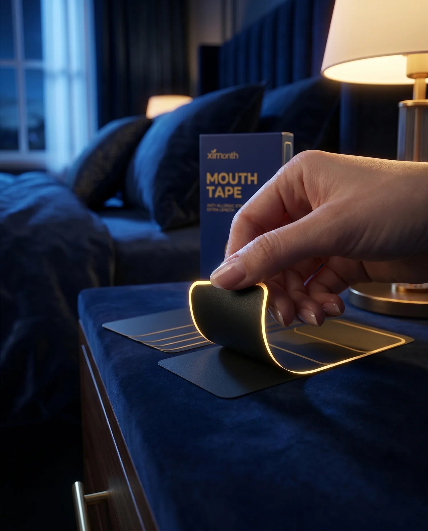 A hand peeling a XIM strip in a dark bedroom